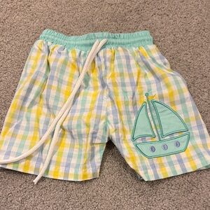 Kids Mint & Pastel Plaid Swim Trunks with Sailboat Applique